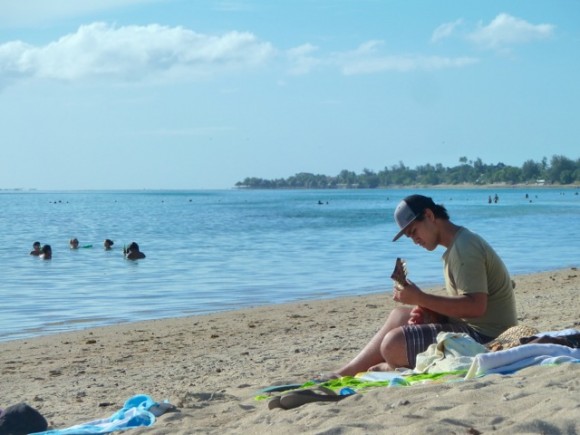 Joueur d'ukulele sur la plage publique.